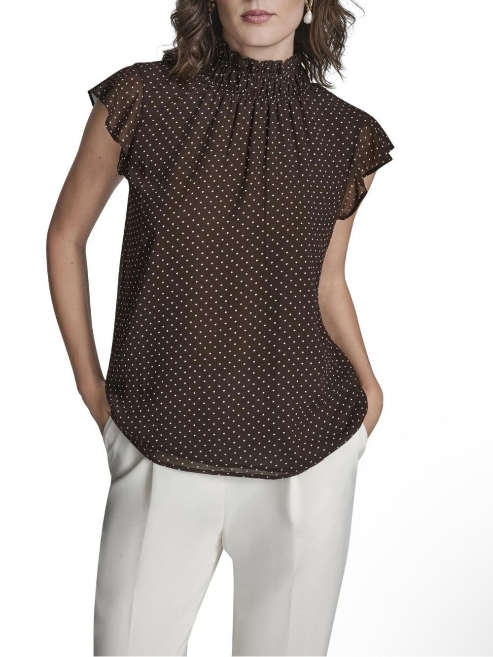BCBG Polka Dot Smocked Neck Top - Brown